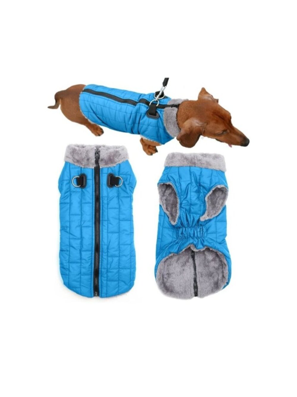 JoyDaog Med Waterproof Fleece Dog Jacket Built-In Harness Light Blue Durable